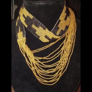 Vtg Handmade Himalayan Nepal Black & Gold Glass Seed Beaded Necklace 32"